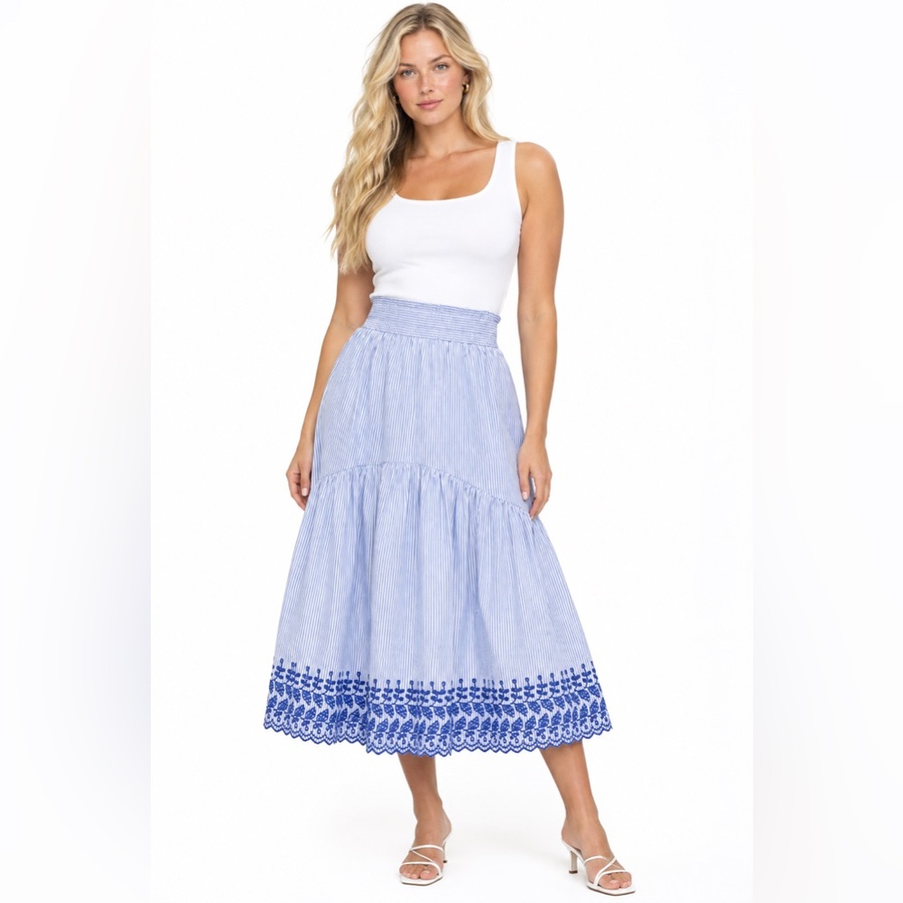 NWT Tuckernuck Blue White Stripe Eyelet Cinzia Midi Skirt XL